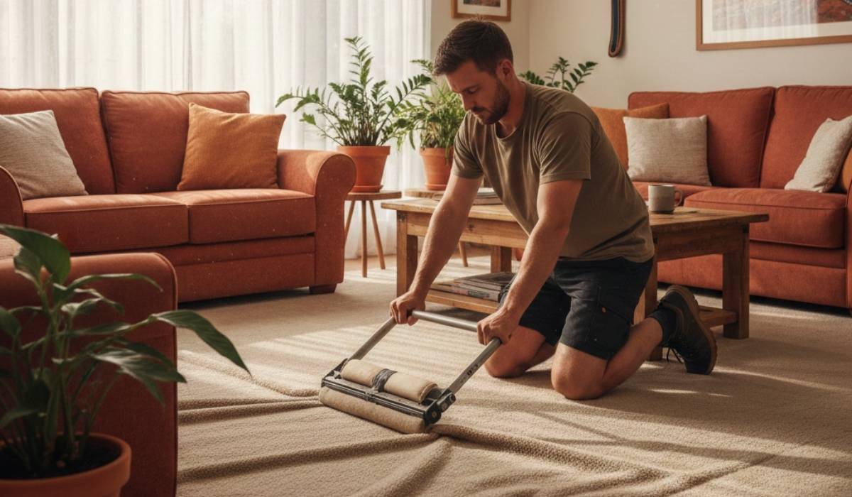 A technician kneels on a rippled, buckled beige carpet in a warm, sunlit Australian living room, using a carpet stretching tool.