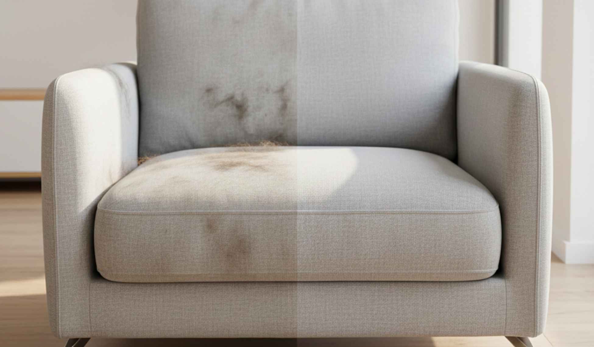A split-screen comparison of a light grey fabric armchair; the left side is heavily stained with dirt and pet hair, while the right side is professionally cleaned and restored.