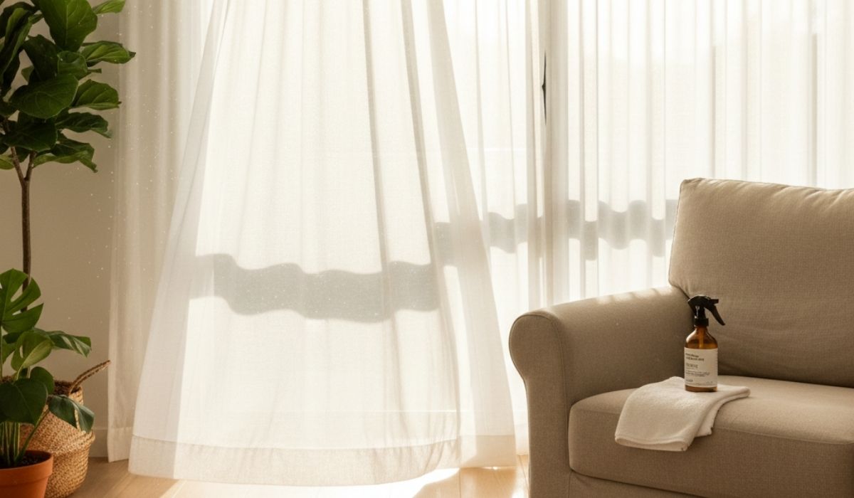 Sheer white curtains blowing in a sunlit room with dust motes in the air and cleaning supplies on a nearby chair.